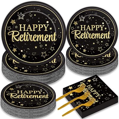 50 Guests Retirement Party Decorations Retirement Plates Napkins Set Happy Retirement Black and Golden Disposable Dinnerware Tableware Graduations Decorations Supplies Favors for Women Men, 200Pcs