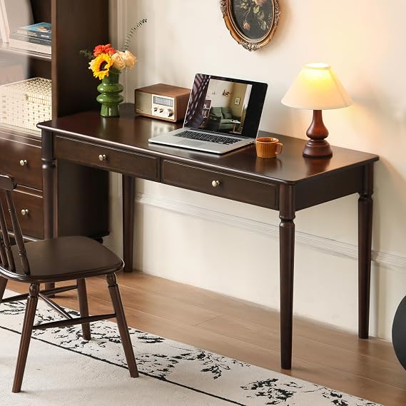 Vintage Solid Wood Home Office Desk with Drawers, Elegant Desk with Roman Column Legs & Brass Handles, Walnut Finish Study Desk for Home Office Study, 100% Solid Wood Furniture, Poplar-Walnut Finish