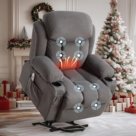 Power Lift Recliner Chair with Massage and Heat for Elderly, Electric Recliner Single Sofa with Two Cup Holders, Extended Footrest, Side Pocket and USB Charge Port for Living Room