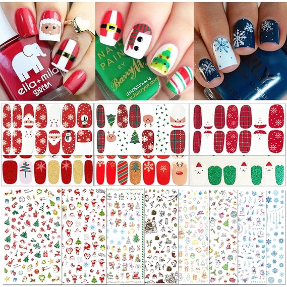 TailaiMei 13 Sheets Christmas Nail Decals Stickers, 600 Pcs Self-adhesive Tips and 7 Sets Full Wrap DIY Nail Art Stencil with 1 Nail Buffer File. Include Christmas Tree/Santa/Snowflake/Snowman Etc.