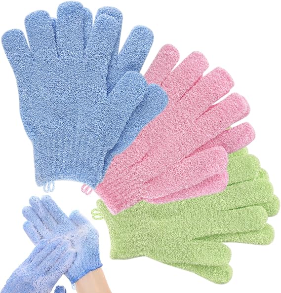 Exfoliating Gloves，6pcs Bath and Body Exfoliator Mitts，Bamboo Shower Gloves ，Scrubs Away Ingrown Hair and Dead Skin，for Shower, Spa, Massage and Dead Skin Cell Remover Loofah（Blue+Green+Pink）