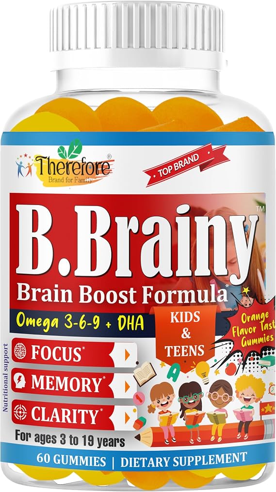 B.Brainy Focus Gummies for Kids & Teens, Kids Focus and Attention Supplements, Brain Focus Vitamins, Vegan Omega 3 EPA/DHA, Support Memory, Clarity, Concentration, Low Sugar 60 Gummies