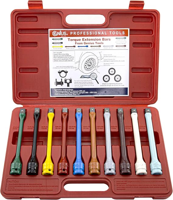 Genius Tools TO-410EXT - 10 Piece 1/2" Drive Torque Extension Bar Set, Color-Coded, 60 ft.lbs.~150 ft. lbs.
