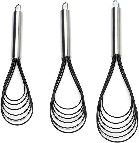 Flat Whisk Set,Stainless Steel 3 Pack 101112 Premium Sturdy-6 Silicone Heads Non Stick Wires Whisk for Blending Beating Stirring Kitchen Cooking by