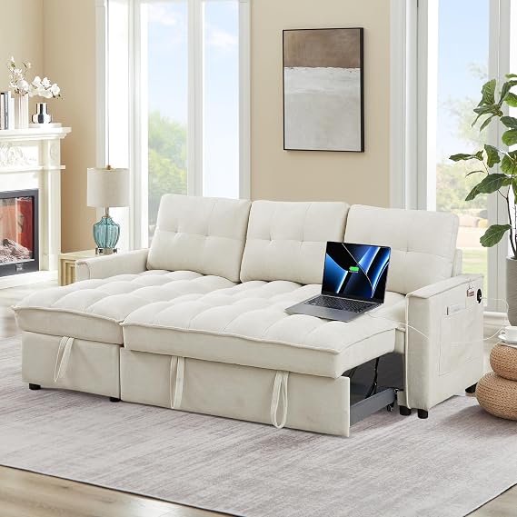 L-shape Pull out Sleeper Sofa Couch Bed,Modern Sofa Bed with Reversible Storage Chaise Lounge,Velvet Upholstered Tufted Sectional Corner Sofabed with USB Ports and Side Pockets for Living Room,Bedroom