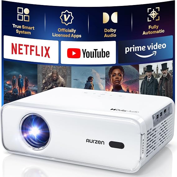 Aurzen Eazze D1 Smart Projector Home Cinema with Netflix & Dolby 1080P 4K Supported Auto Focus & Keystone Correction Projector with WiFi & Bluetooth White