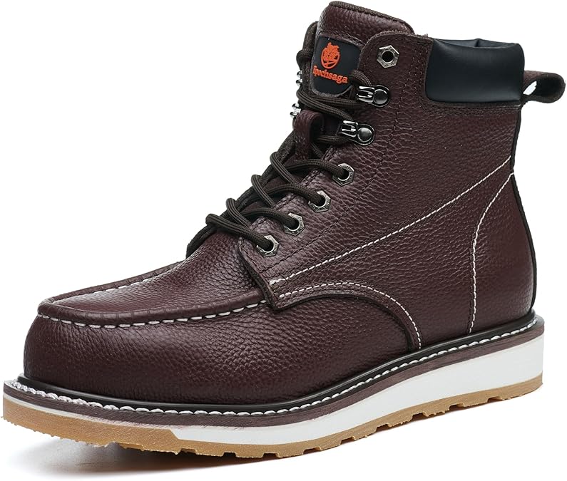 Mens Steel Toe Boots - 6" Leather Moc Toe Mens Steel Toe Unbreakable Slip Resistant Construction Safety Boots