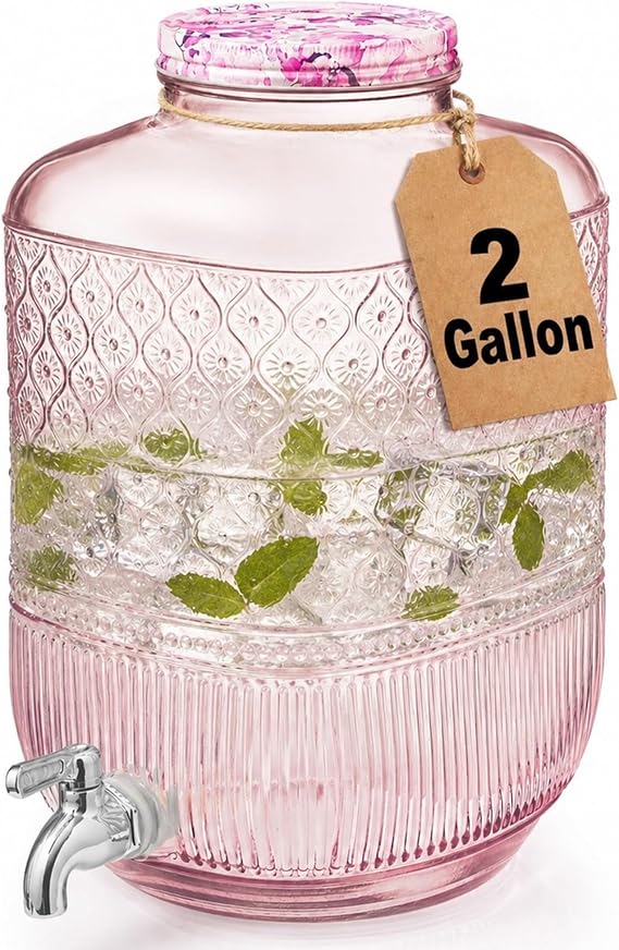 Godinger Drink Dispenser 2 Gallon, Large Glass Water Dispenser - (256oz) Blush