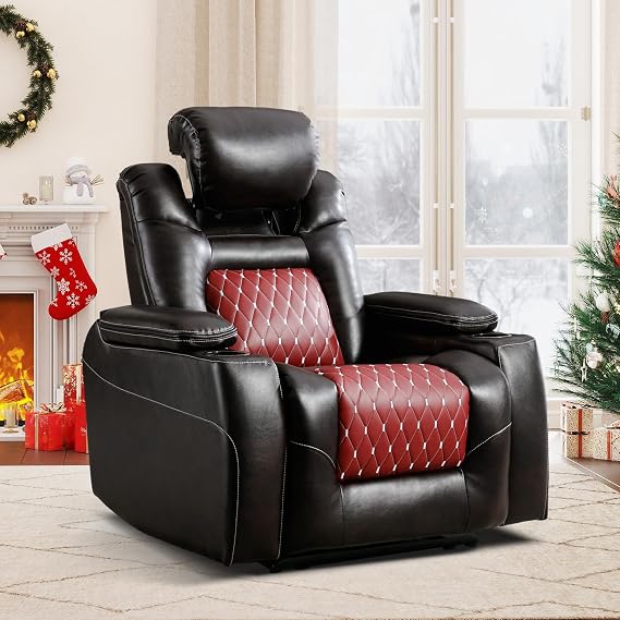 ANJ Electric Power Recliner Chair with Adjustable Powered Headrest, Faux Leather Home Theater Seating Overstuffed Reclining Furniture with USB Ports, Cup Holders, Hidden Arm Storage (Brown/Red)