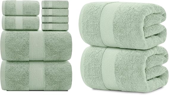 White Classic 4 Luxury Light Green Bath Towels 27 x 54 and 2 Luxury Bath Sheet Towels 35 x 70 | Cotton, Highly Absorbent and Quick Dry for Hotels, Spa and Bathroom