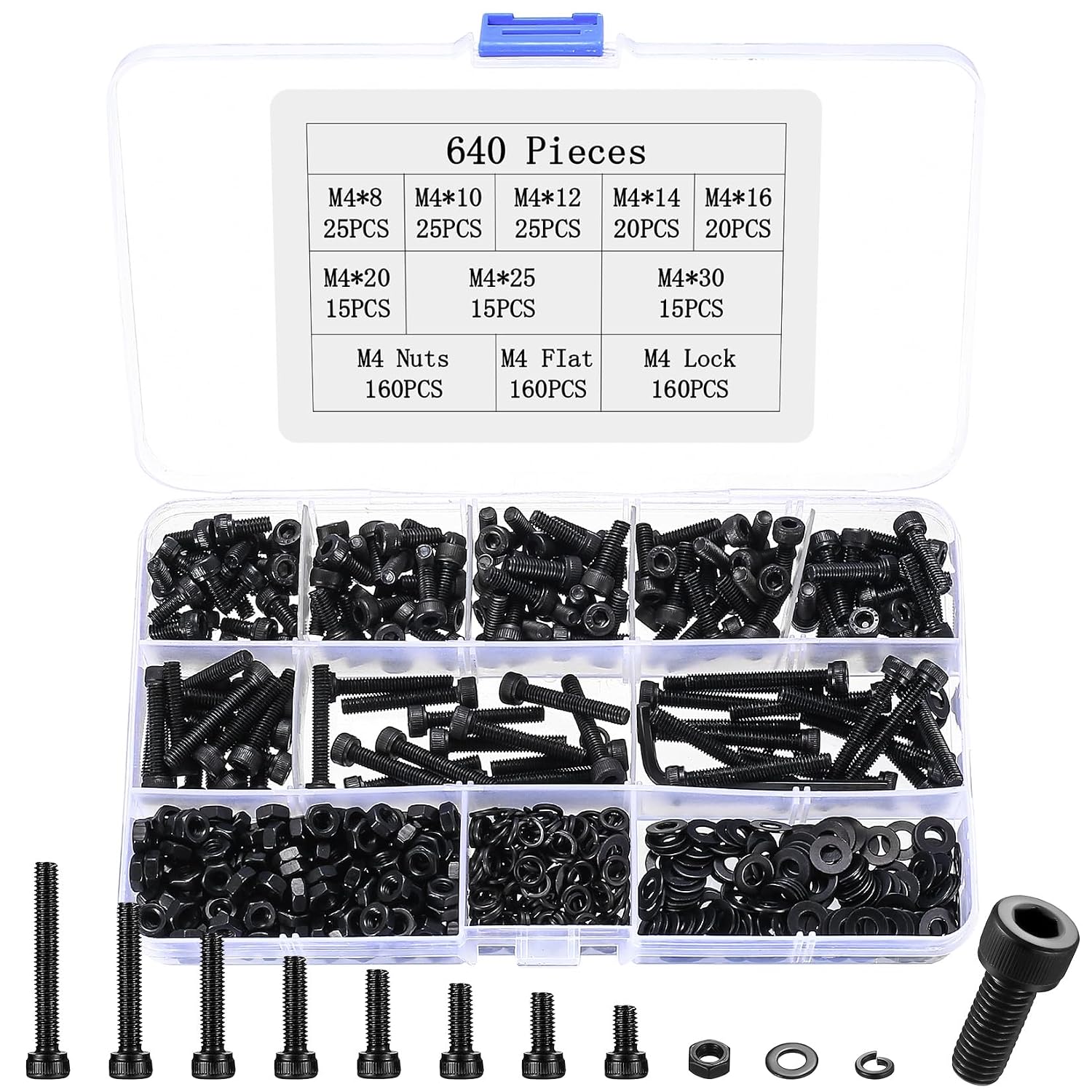 640 Pcs M4 Bolts and Nuts Set, Cylinder Hex Socket Head Cap Screws Set, Black Assorted Machine Screws Nuts and Bolts Sets with Lock & Flat Washers Assortment Kit