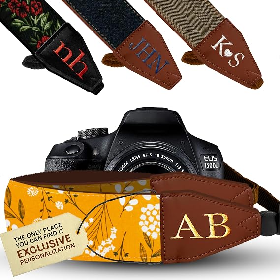 Art Tribute Camera Strap Personalized With Name - Shoulder, Crossbody & Neck Camera Strap for Photographers, Fits All Cameras, Canon Nikon Sony Fujifilm, Padded Strap W/Quick Release & Leather Ends