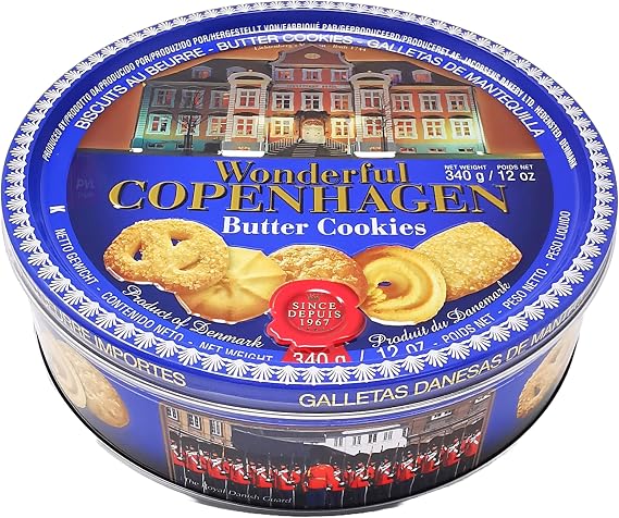 Danish Butter Cookies 340g (12 Ounce) with 32% Butter Content - in Wonderful Copenhagen Tin with Embossed Lid by Jacobsens of Denmark - Traditional Biscuit Tin Gift