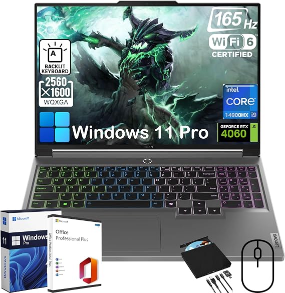 Lenovo Legion 5i Gaming Laptop - w/Office Lifetime & Free CD/DVD Drive, Intel 24-Core i9-14900HX, 16" 165Hz Display, GeForce RTX 4060, Backlit KB, Win 11 Pro, w/Accessories (32GB DDR5 RAM | 1TB SSD)