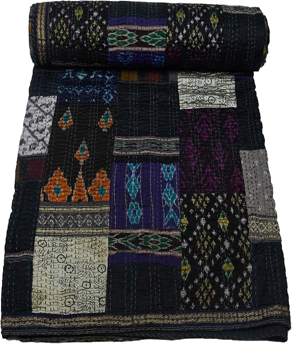 Marubhumi Indian Handmade Quilt Indian Silk Sari Kantha Quilted Patchwork (Black, Twin (60"x 90"))