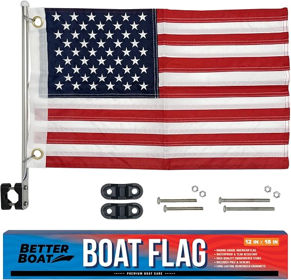 Boat Flag Pole Kit, 12" x 18" Small US American Flag Set, Marine Grade