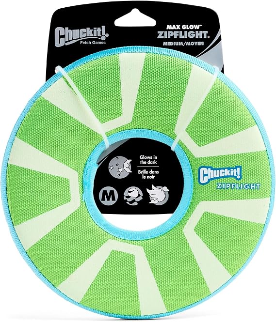 Chuckit! Max Glow Zipflight Flying Disc Dog Toy, Floats, Medium, 8.5in