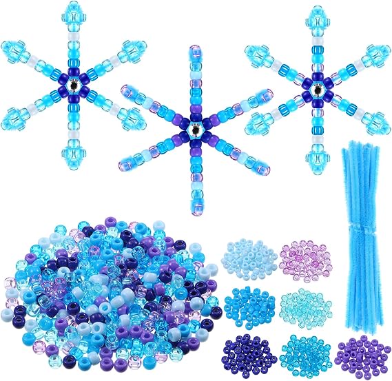 Threlaco 8 Sets Snowflake Beaded Pipe Cleaner Crafts Winter Blue Snowflakes Ornament Kit Xmas Mix Pony Beads for DIY Decorations Craft Making Supplies
