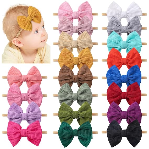 yoyokid 20 PCS Baby Girl Bow Headbands, 4 Inch Soft Newborn Headbands | Elastic Nylon baby bows 0-6 months Hair Accessories for Newborn Infant Toddler and Little Girls