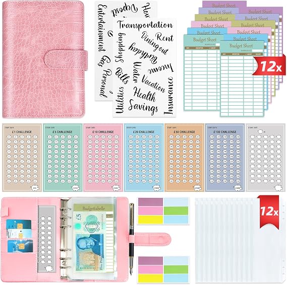 2 IN 1 Budget Planner, A6 Money Saving Wallet with 7 Savings Challenge Trackers, Budget Binder with 12 Cash Envelopes and 12 Expense Sheets, Cash Stuffing Money Organiser Book for Travel Diary, Pink