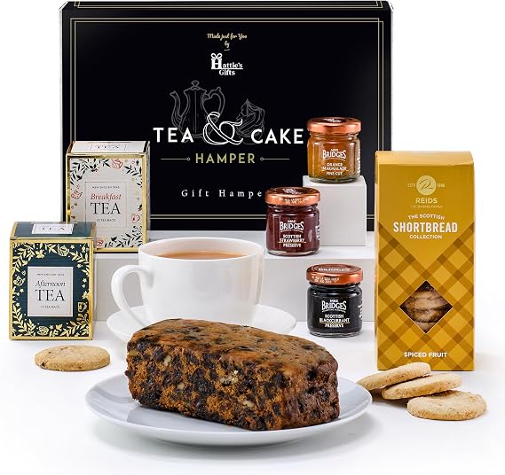Hattie's Gifts Tea and Cake Gift Set | Breakfast & Afternoon Tea Selection, Genoa Fruit Cake, Shortbread & Jams – Luxury Gourmet Gift