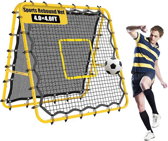 Double-Sided Soccer Rebound Net, 44FT, Yellow | Practice Equipment Training Net, Multi-angle Adjustable, Sandbags and Ground Stakes, Easy Quick Set up, Bounce Back Net