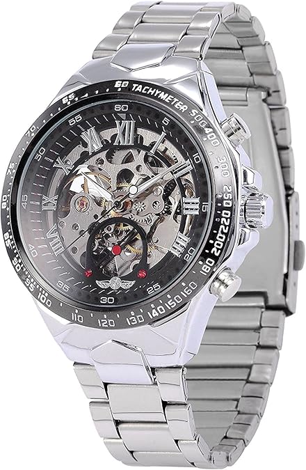 MASTOP Men's Analog Display Automatic Watch Skeleton Dial Mechanical Wrist Watch Silver Stainless Steel Bracelet