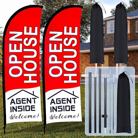 Buryeah 2 Pack Open House Feather Flag Real Estate Set, Red, 7x5.4 ft
