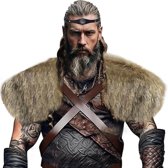 PURFUN Viking Faux Fur Shawl PU Leather Headband Set, Medieval Renaissance Halloween Cosplay Barbarian Shoulder Wrap Collar