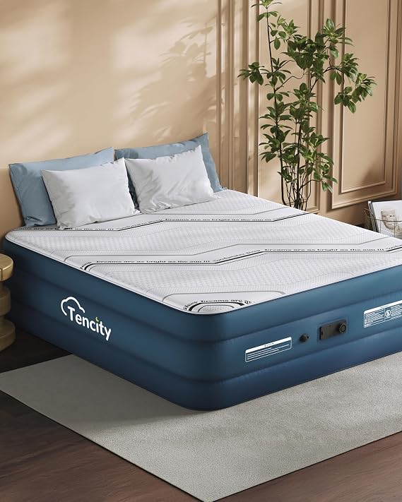 Tencity Fast Inflate AirBed, Quiet & Comfortable Blow Up Bed for Home Guests, Camping, Travel, Luxury Air Mattress W/Quilted Foam Topper, Extra Firm Support,Blue 20" Queen,20" Queen (U.S. Standard)