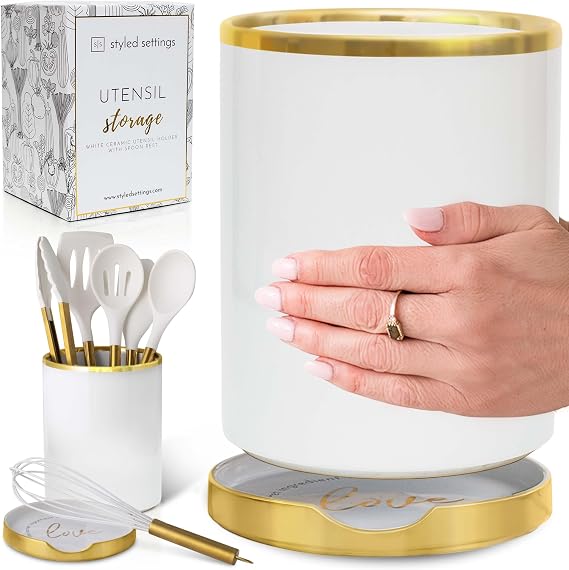 Styled Settings White Utensil Holder with Built-In Ceramic Spoon Rest