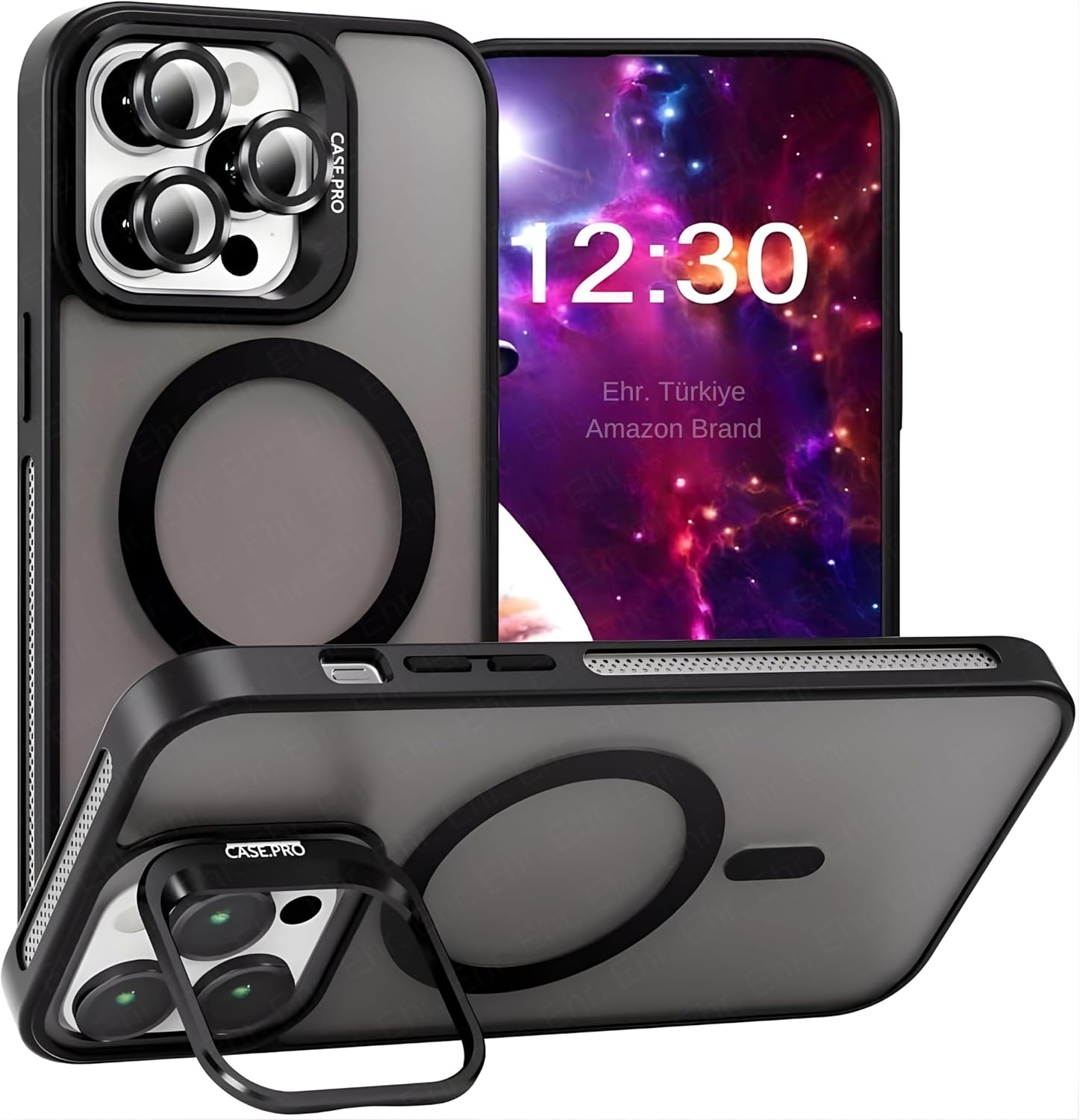 Ehr. iPhone 15 Pro ile Uyumlu Magsafe Wireless Şarj Özellikli Kamera Standlı Lüks Mat Silikon Kılıf [Lens Koruyucu Hediyeli] (Siyah, iPhone 15 Pro)