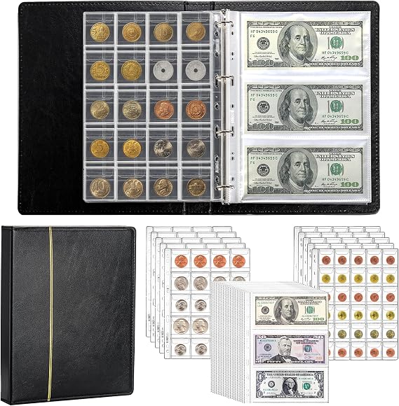 310 Pockets Coin Currency Collection Book Holder for Collectors, 250 Pockets Coin Collection Album and 60 Sleeves Paper Money Banknote Binder, Coin Currency Collection Supplies, Black