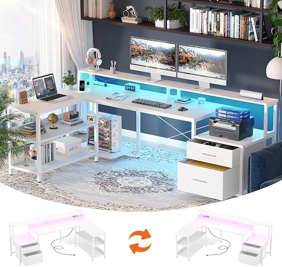 Aheaplus L Shaped Desk with Power Outlet & LED Strip, L Shaped Gaming Desk