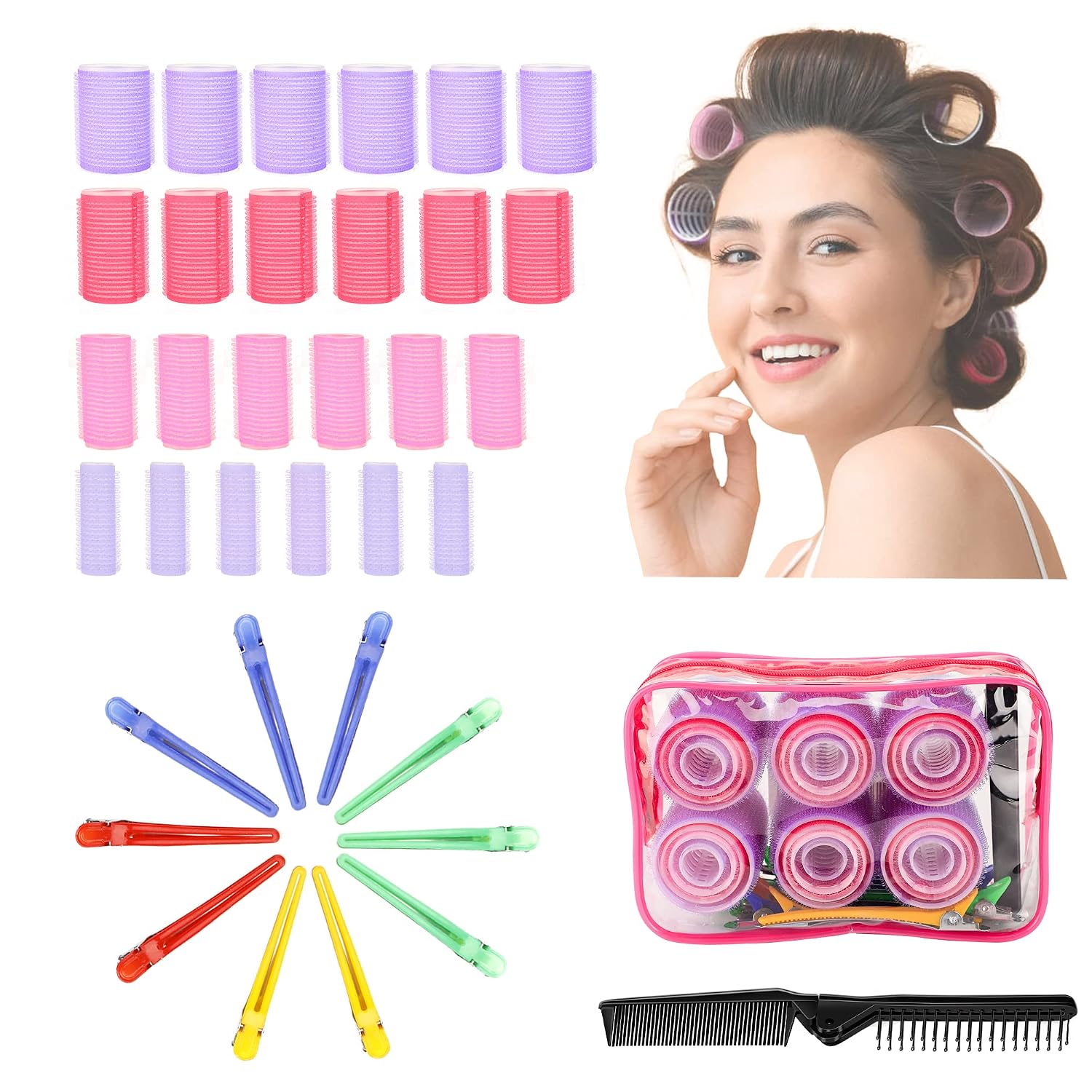 Self Grip Hair Rollers Hair Curlers No Heat for Long Medium Short Hair with Clips, Muti-sizes Hair Clips Hairdressing Curlers for Women and Girls DIY Curly Hair Styling Design Tool-35 pcsset