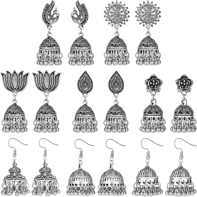 Glenmal 8 Pairs Jhumka Indian Earrings, Women Metal Dangle Earring