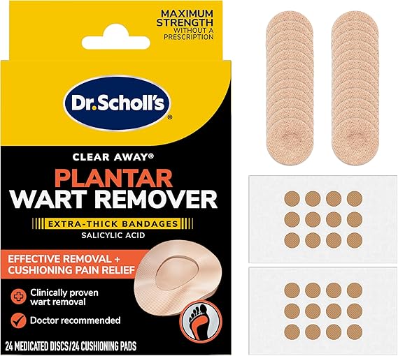 Dr. Scholl's Clear Away Plantar Wart Remover Extra-Thick Bandages for Feet, 24 Treatments - Clinically Proven Effective Wart Removal and Cushioning Pain Relief, Comfortable Multi-Day Coverage Patches