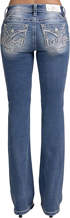 Miss Me Women's Script Logo Embellished Faux Flap Pockets Mid-Rise Bootcut Jeans