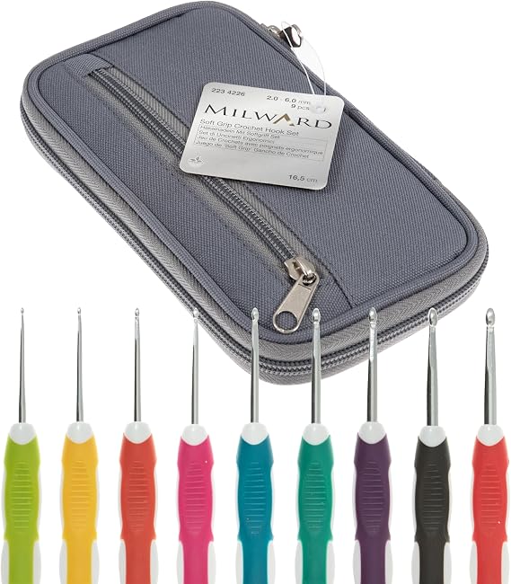 Milward Crochet Hook Set - Soft Grip Colour Coded Handles 2,2.5,3,3.5,4,4.5,5,5.5 and 6mm, 100% Cotton Hard Zippered Case, Grey