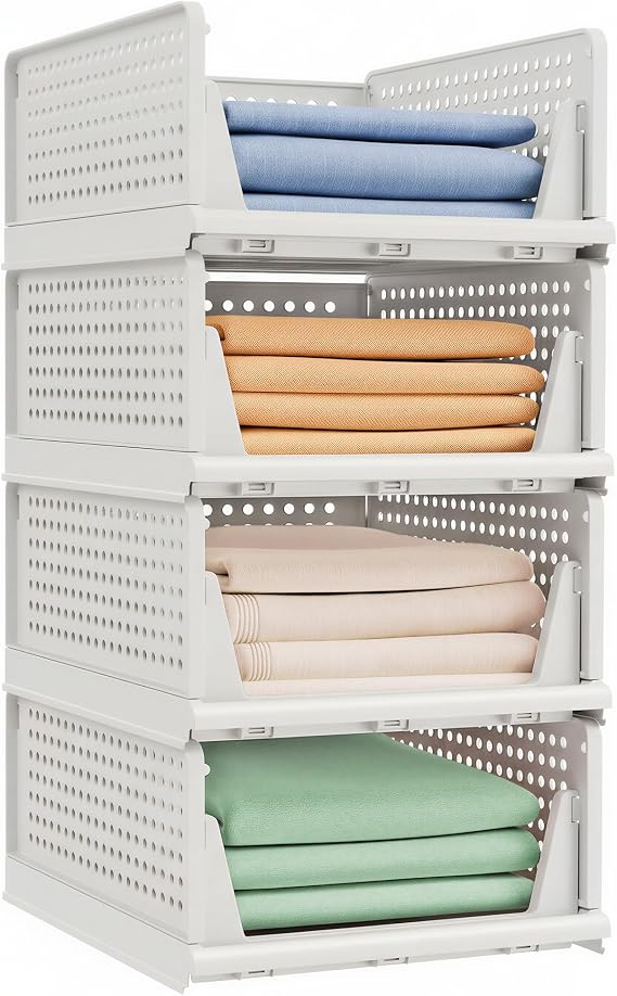 SONGMICS Stackable Wardrobe Storage, Foldable Closet Organiser, Set of 4 Pull-Out Baskets, Closet Storage and Organisation, Bedroom, Office, Bathroom, White LPC400WZ01