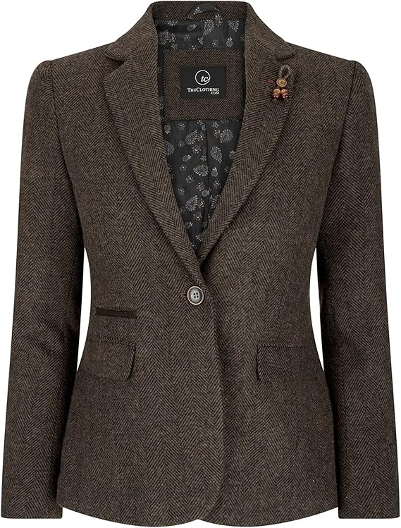 Women Blazer Tweed Herringbone Wool Classic Smart Casual Vintage Check 1920s