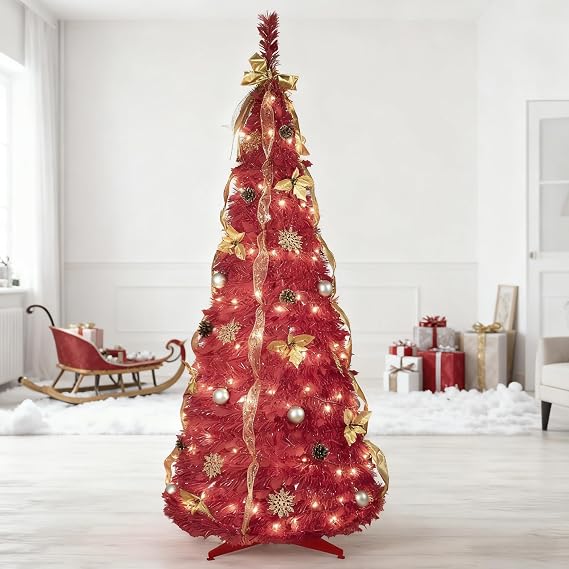 6FT Pop Up Christmas Tree with Lights, Prelit Collapsible Christmas Tree with 150 Warm White Lights, 1 Minute Xmas Trees, Decorated Foldable Artificial Trees for Party, Holiday Decoration (Red)
