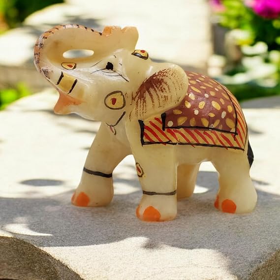 3X3 Inch Marble Elephant Gold Leaf Work Decorative Pooja for Home Office Statue Designer Showpiece (Red)