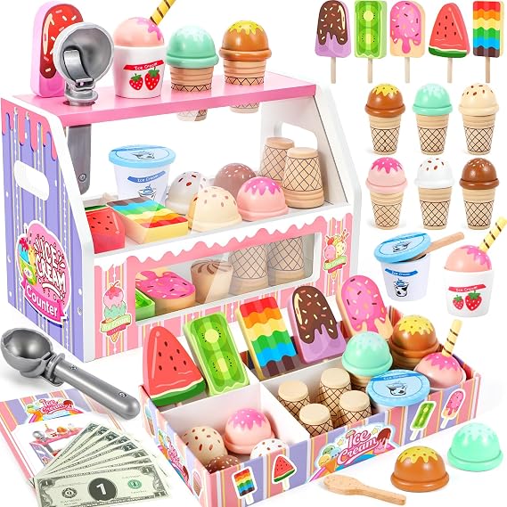 Ice Cream Play Set Toy 3-5, Wooden Pretend Play Ice Cream Shop for Kids 3+