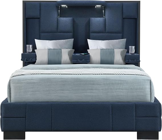 Multifunctional Smart Bed - Luxury Bed Frames with LED Reading Lights and 2 Hidden Cup Holders, Smart Bed Frame with Wireless Charging Station and Built-In Speakers, Bryson Fabric (Blue, Queen)