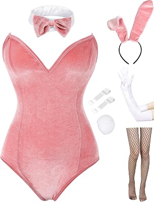 Angelaicos Womens Bunny Costume Set Senpai Cosplay Halloween Roleplay Bodysuit Stockings Velvet Pink, -Large