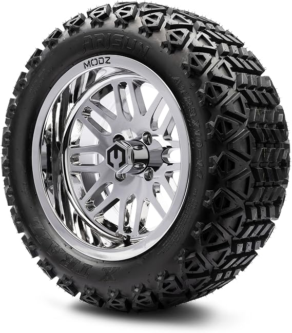 MODZ Mayhem Chrome 14" Golf Cart Wheels and Arisun X-Trail (23x10-14) DOT All-Terrain Golf Cart Tires Combo - Set of 4