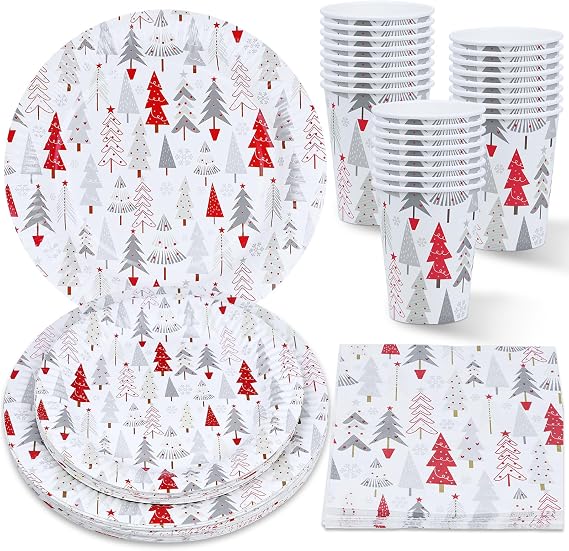 ZVK Christmas Party Supplies 96 Pieces Christmas Tree Paper Plates Napkins Paper Cups Disposable Tableware Set New Year Party Decorations, White