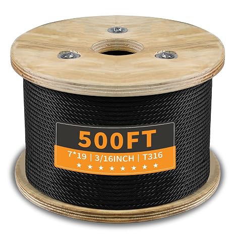 T316 Black 3/16 Stainless Steel Cable 500ft Wire Rope 7x19 Strands Marine Grade Aircraft Cable 3700lbs Breaking Strength, Cable for Stair Fence Porch Deck Cable Railing, Clothesline & Yard Zipline