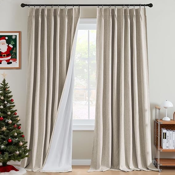 H.VERSAILTEX Pinch Pleated Full Blackout Curtains Linen Blended Chenille Blackout Curtains 108 inch Long 2 Panels Bedroom Thermal Insulated Farmhouse Neutral Track Drapes with Hooks, Heather Natural